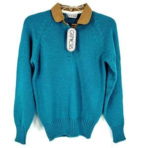 NWT VTG Genesis Small 80's Teal/Green/Blue LS Knit Sweater Tan Collar Deadstock